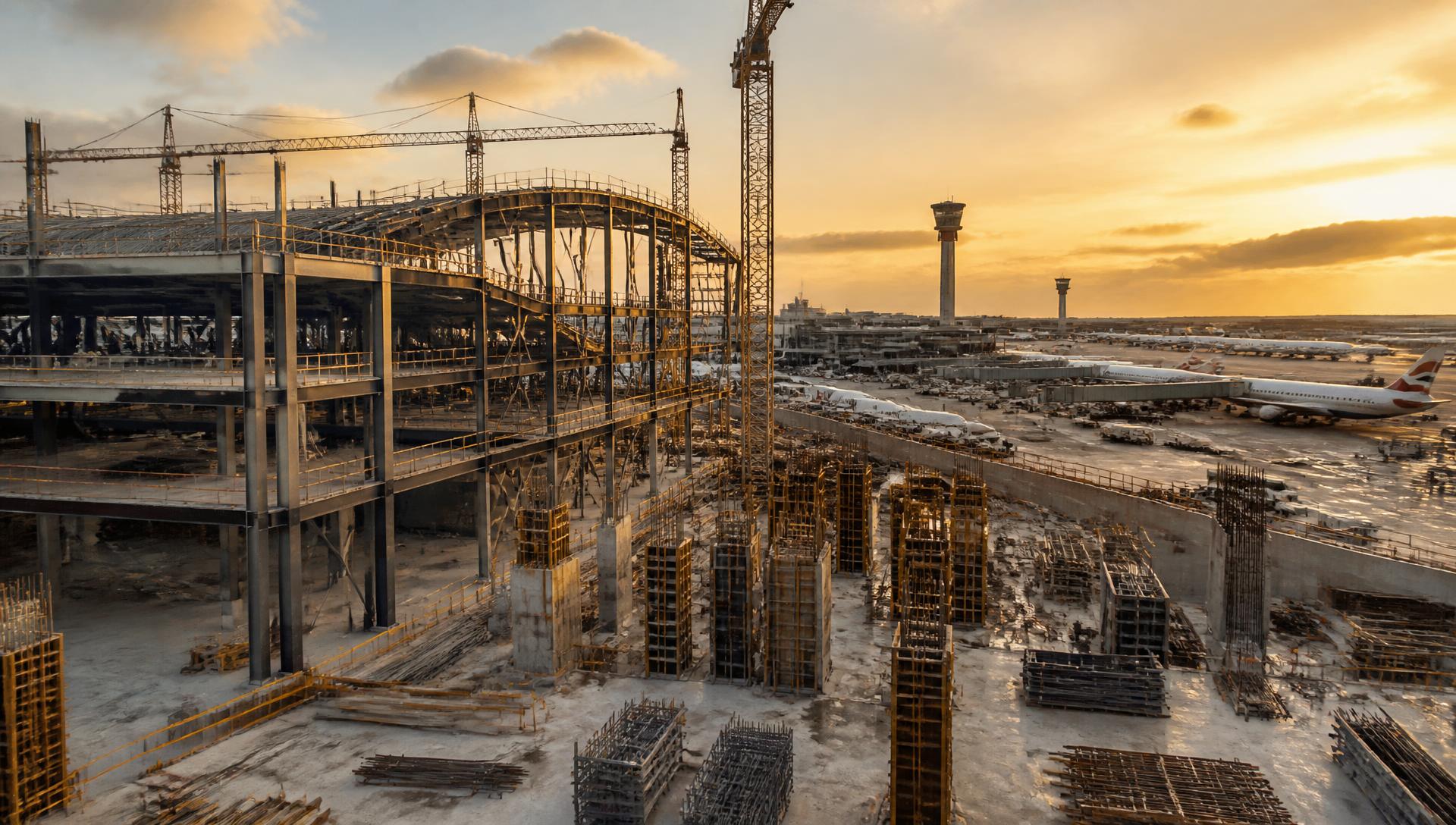Aviation construction site at a commercial airport with steel framing, cranes, control towers and aircraft in the background